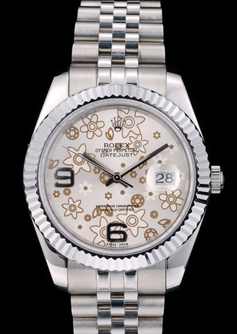 Rolex Swiss DateJust Stainless Steel Ribbed Bezel Flower Silver Dial 42001